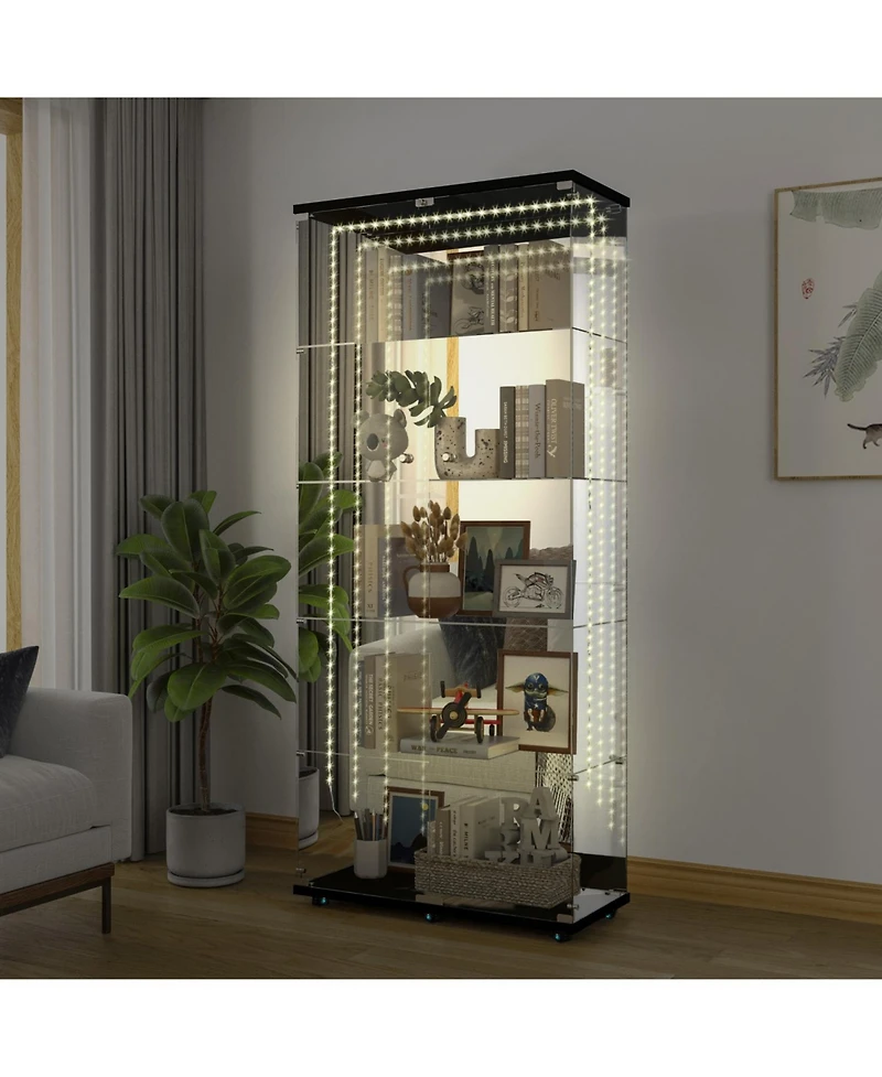 Streamdale Furniture Tempered Glass Display Cabinet w/ Led, Lock, Mirror Back.