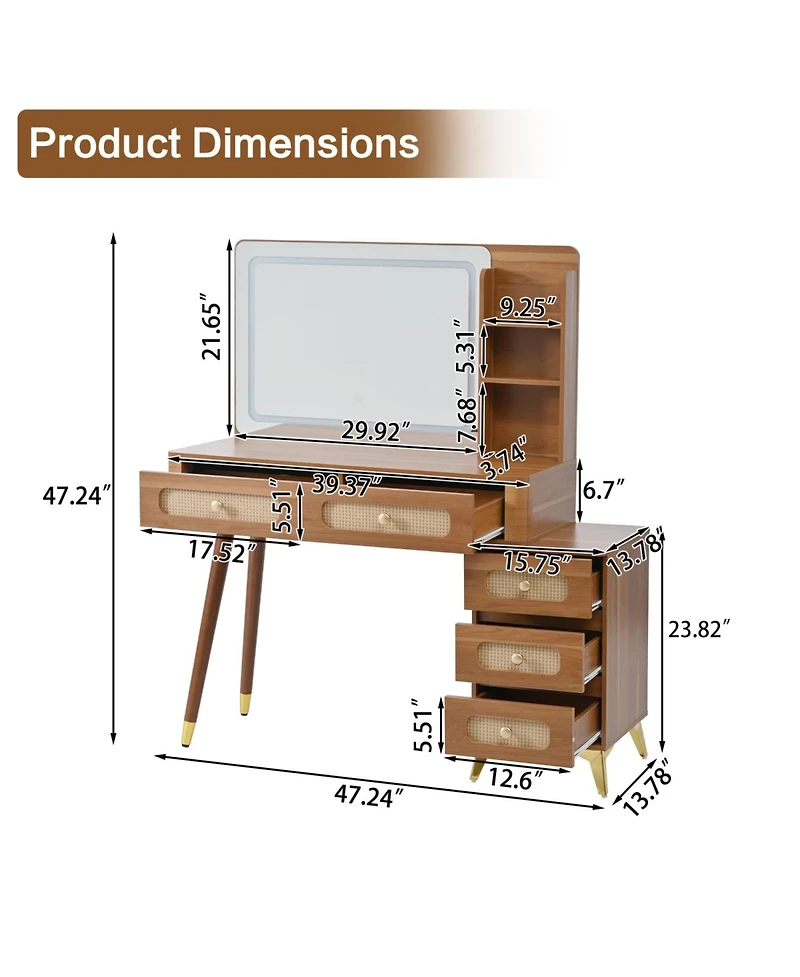 Streamdale Furniture 47" Lighted Vanity Desk with Rattan Drawers - Dark Walnut