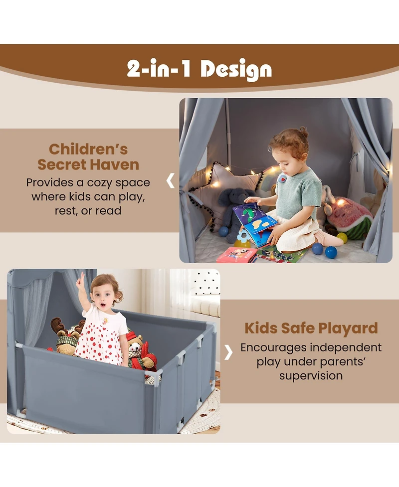 Gymax Kids Play Tent w/Playpen Yard Door Curtains Windows Star Lights for Boys Girls