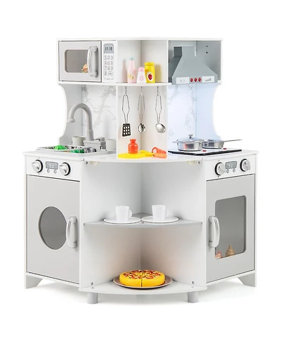 Gymax Corner Wooden Play Kitchen Kids Kitchen Playset w/ Microwave Range Hood Gift