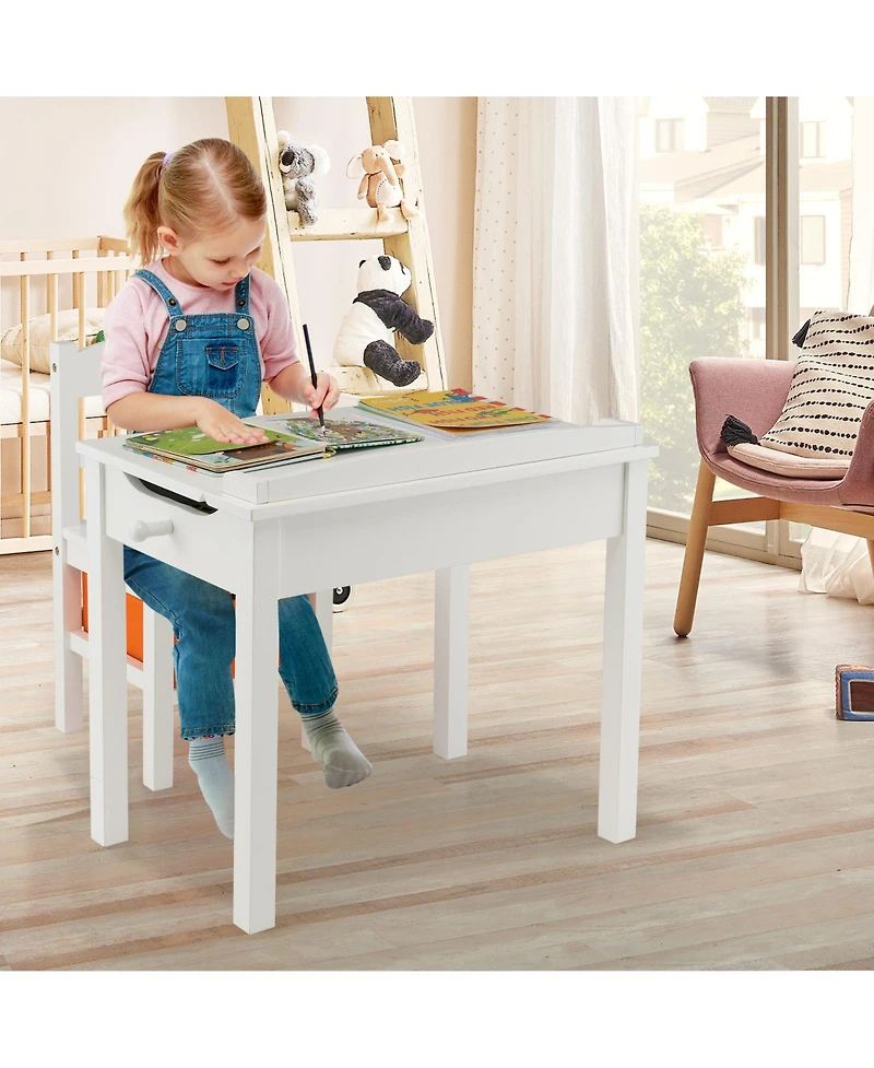 Gymax Kids Table and Chair Set Wood Activity Study Desk w/ Storage Drawer Hook
