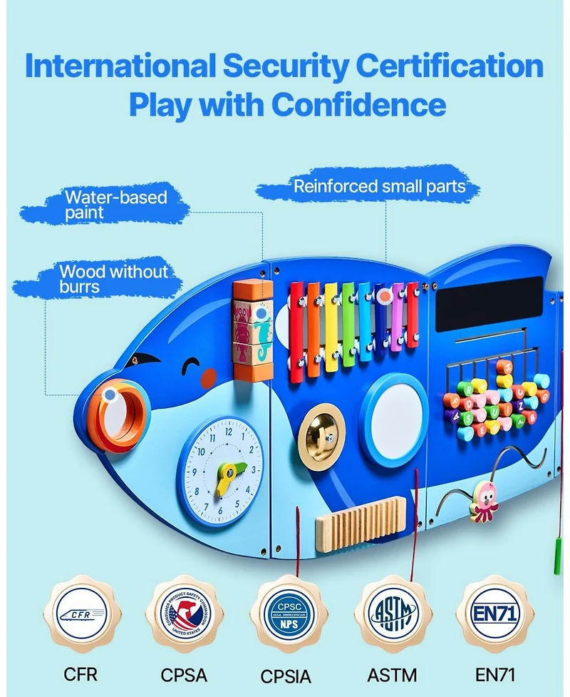 Mecale Orca Activity Wall Busy Board, Montessori Sensory Wall Panel with 12 Activities for Kids Ages 3–12, Learning Play Center