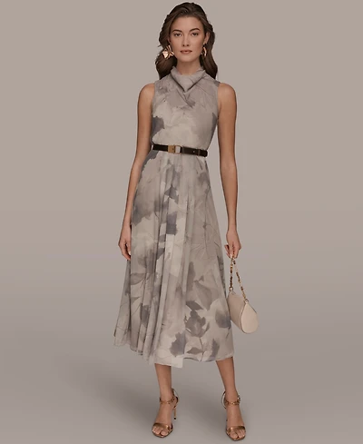 Donna Karan New York Women's Sleeveless Cowl Neck Floral Print Belted A-Line Midi Dress