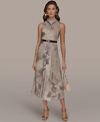 Donna Karan New York Women's Sleeveless Cowl Neck Floral Print Belted A-Line Midi Dress