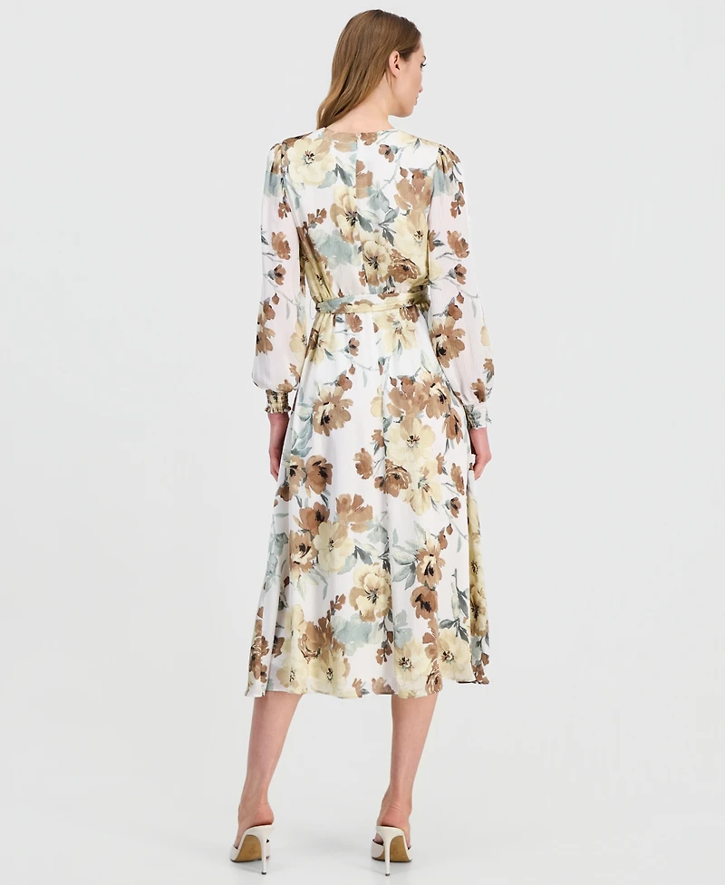 Anne Klein Petite Smocked Cuff-Sleeve V-Neck Midi Dress