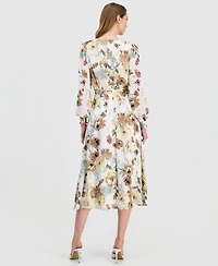 Anne Klein Petite Smocked Cuff-Sleeve V-Neck Midi Dress