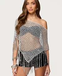 Edikted Women's Evette Fringe Open Knit Metallic Poncho