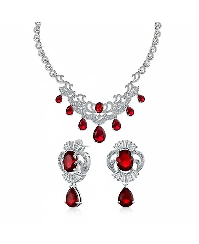 Bling Jewelry Art Deco Style Ruby Red Cz Cubic Zirconia Statement Bib Necklace and Teardrop Earrings Jewelry Set
