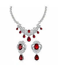Bling Jewelry Art Deco Style Ruby Red Cz Cubic Zirconia Statement Bib Necklace and Teardrop Earrings Jewelry Set