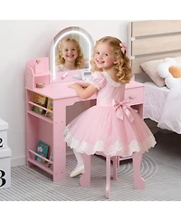 gaomon Kids Vanity with Lighted Mirror & Stool, Little Girls Adjustable Led Light, Bookshelf