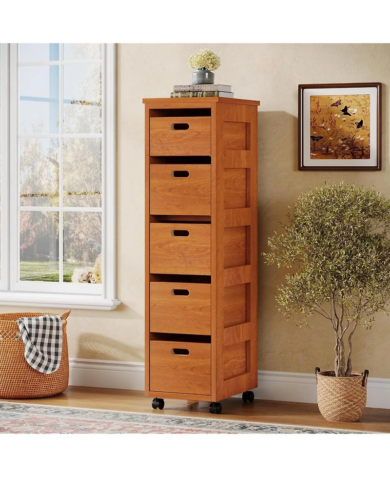 Tribesigns Slim Vertical Tower Unit with Wheels, Tall Narrow Wood Organizer Tower, Walnut Brown