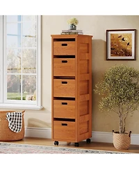 Tribesigns Slim Vertical Tower Unit with Wheels, Tall Narrow Wood Organizer Tower, Walnut Brown