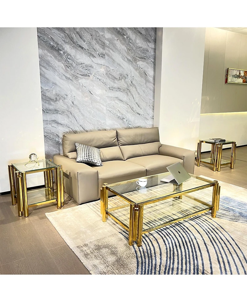Streamdale Modern 3-Piece Coffee Table Set Stainless Steel, Clear Glass, Gold