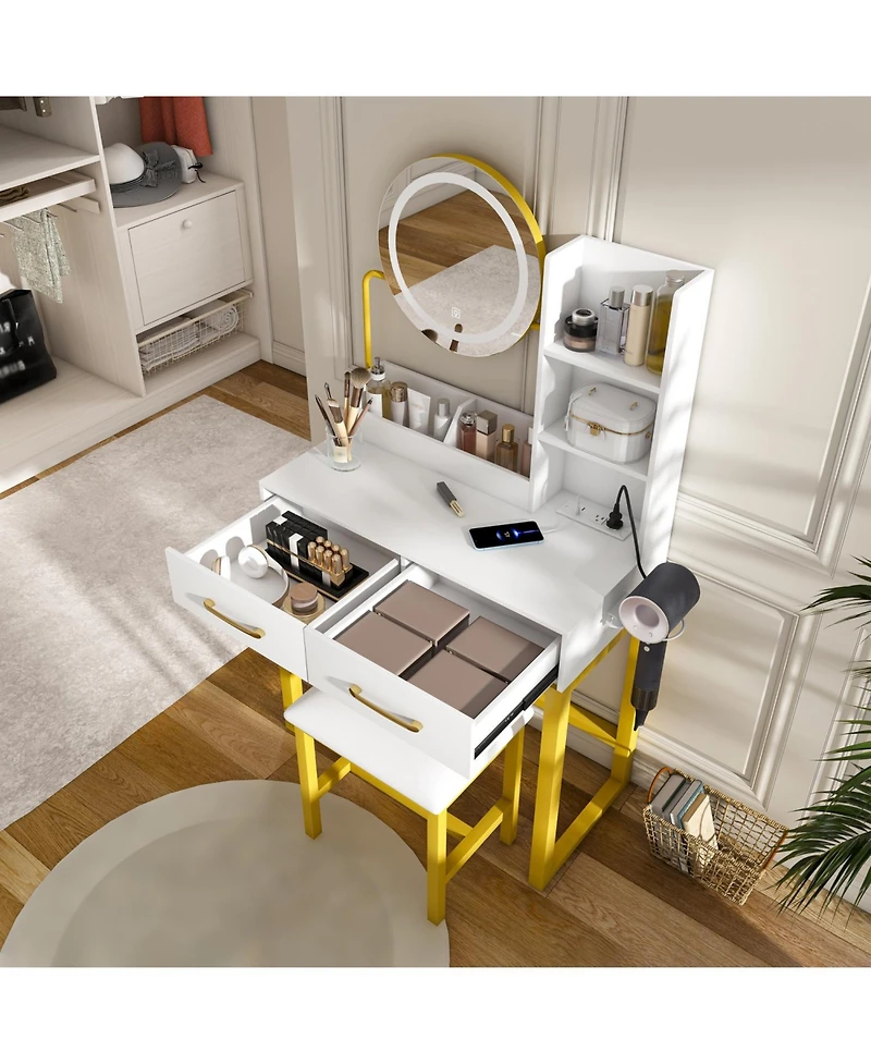 Streamdale Furniture Makeup Vanity with Led Lights, Power Outlet, Drawers & Chair (White