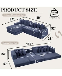 Streamdale Furniture Streamdale Oversize Cloud Couch L-Shape Sleeper Sofa Bed, 8 Pillows, Corduroy, Blue