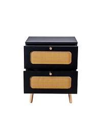 Streamdale Rattan Nightstand with 2 Decorated Drawers