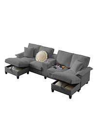 Streamdale Furniture 120" Corduroy Sectional Sofa Bed w/Storage, U-Shape, 4-Seater, Cup Holders