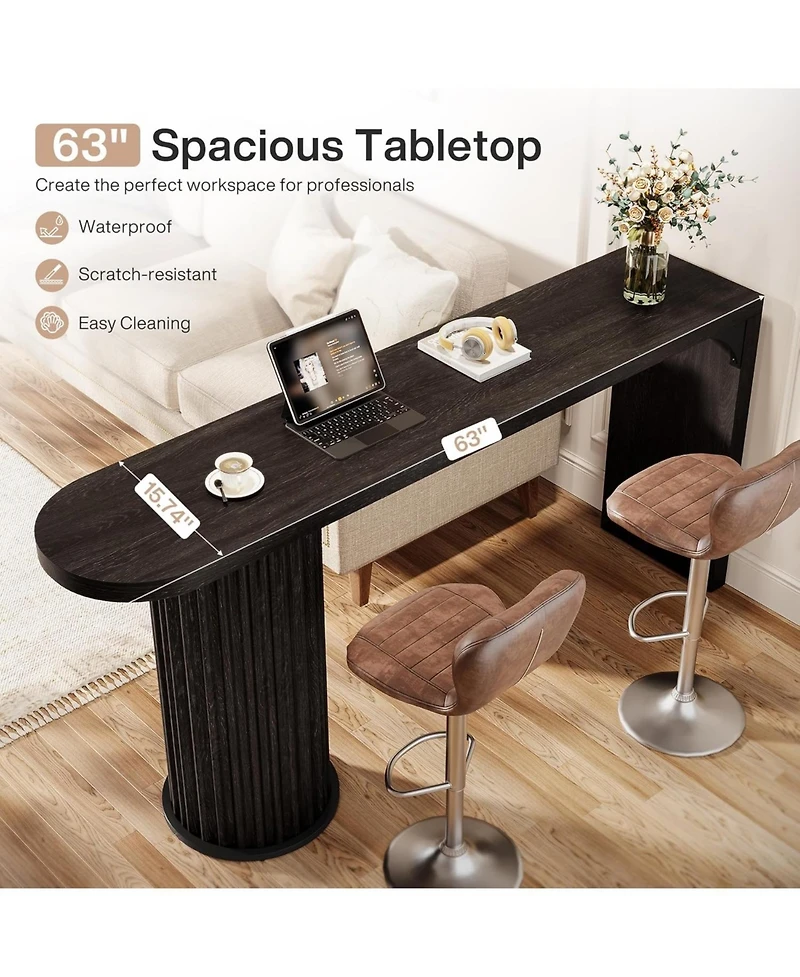Tribesigns Bar Table, 63-Inch Long Counter Height Pub Table with Fluted Cylindrical Base, Black