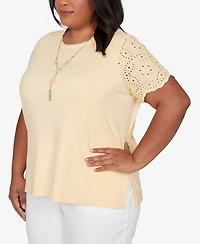 Alfred Dunner Plus Classic Solid Eyelet Sleeve T-Shirt with Necklace