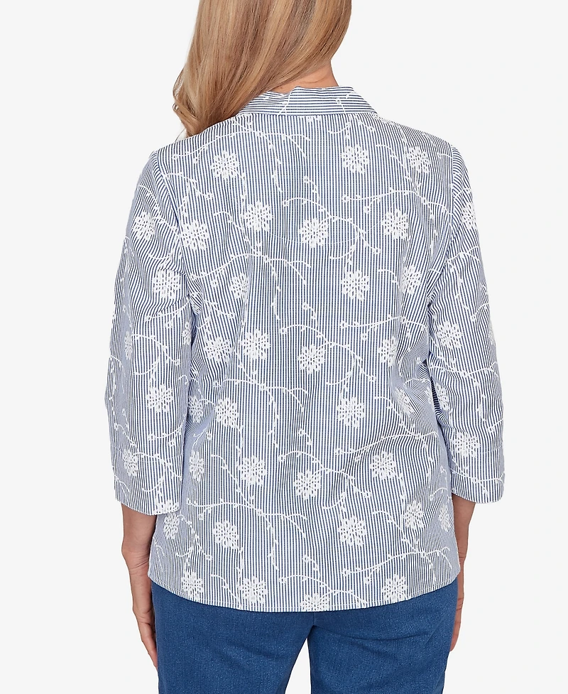 Alfred Dunner Plus Classic Puff Print Pinstripe Embroidered Top
