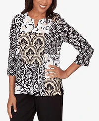 Alfred Dunner Plus Classic Geometric Scroll Patchwork Split Neck Top