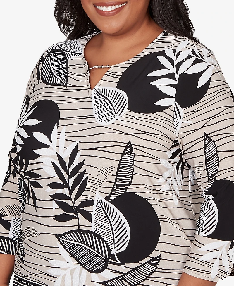 Alfred Dunner Plus Classic Tropical Leaf Border Print Split Neck Top