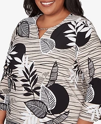 Alfred Dunner Plus Classic Tropical Leaf Border Print Split Neck Top