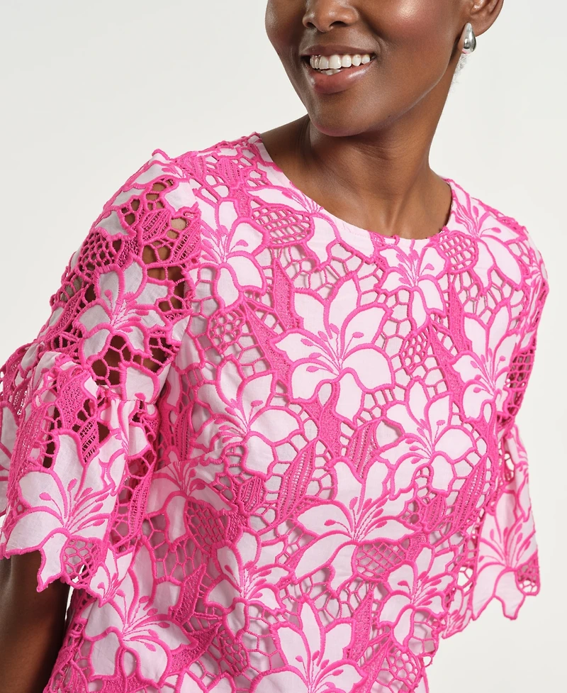 Isaac Mizrahi Women's Boxy Eyelet Crewneck Top