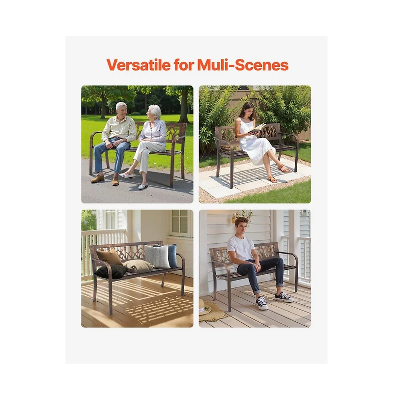 Slickblue 50" Outdoor Patio Bench with Metal Frame and Pvc Floral Backrest