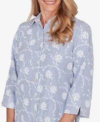 Alfred Dunner Women's Classic Puff Print Pinstripe Embroidered Button Down Top