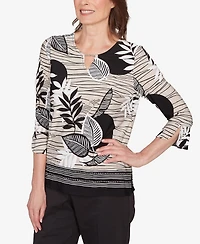 Alfred Dunner Women's Classic Tropical Leaf Border Print Split Neck Top