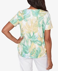 Alfred Dunner Women's Tropical Leaf Beaded Neck Ruched T-Shirt