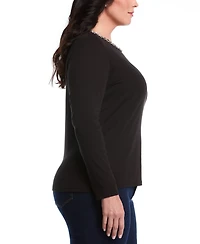 Rafaella Plus Embellished Neck Long Sleeve Top