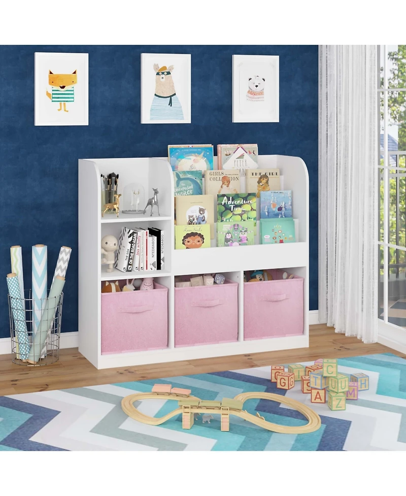 Cesicia White/Pink Kids Bookcase with 3 Collapsible Fabric Drawers for Bedroom
