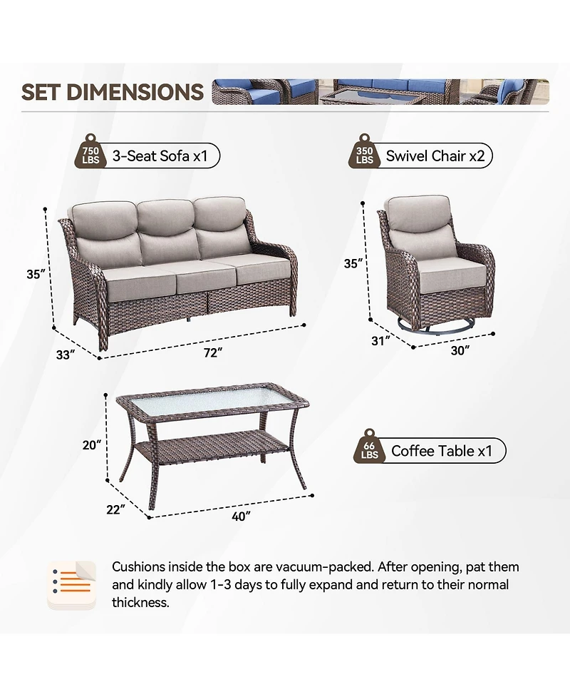 Gymojoy Crescent Swivel Glider All-Weather Pe Wicker Patio Conversation Set with Olefin 6 In. Thick Cushions/Coffee Table (4-Piece