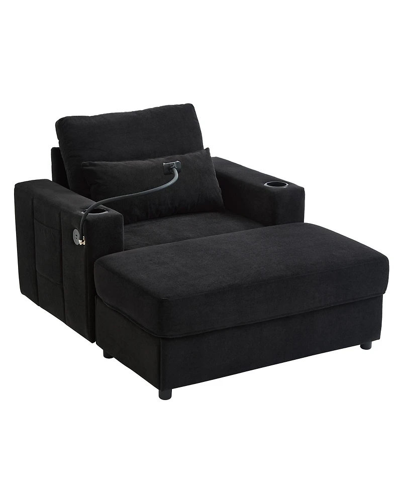 Streamdale Furniture Modern Armchair Chaise Lounge Sofa with Ottoman, Usb Ports & Cup Holders - Black