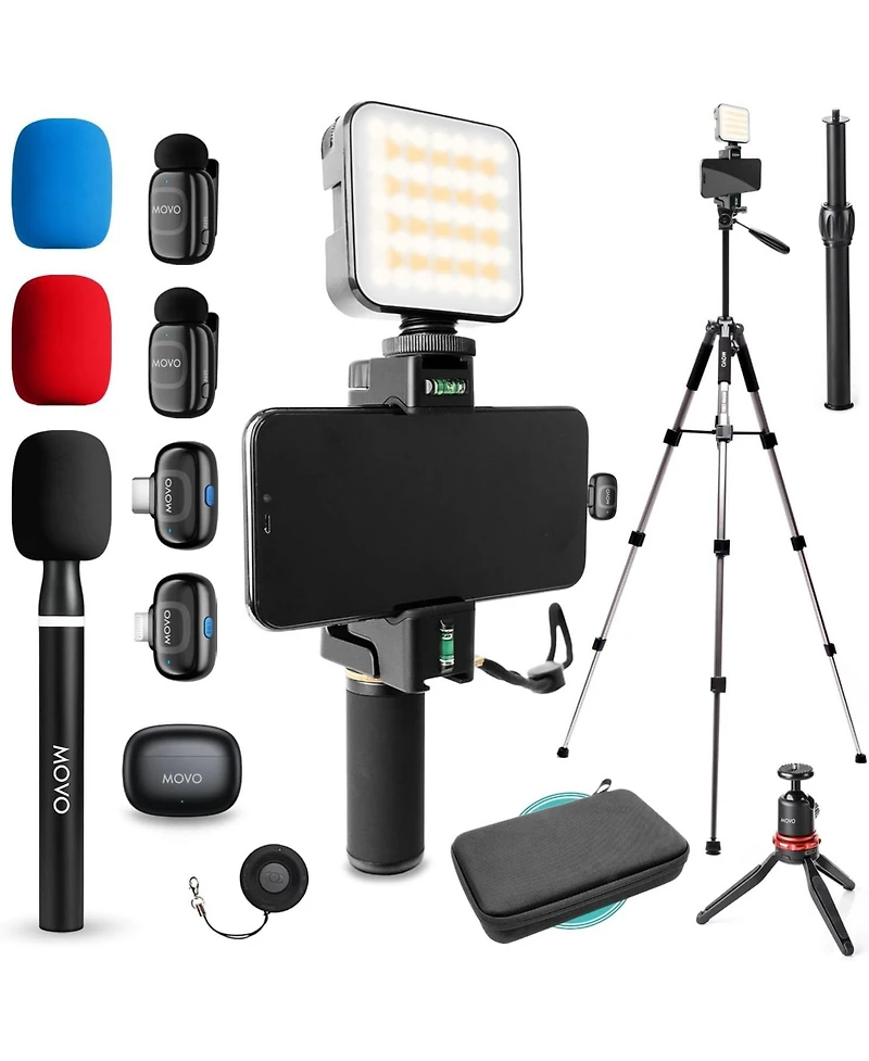 Movo iVlogger-pro Wireless Vlogging Kit for iPhone/Android with Dual Wireless Mics, Rgb Light, Fullsize Tripod + More