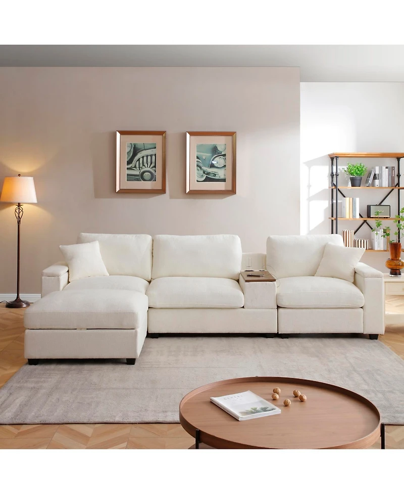 Streamdale Furniture Oversized L-Shaped Sectional Sofa with Drop Down Table & Storage Ottoman