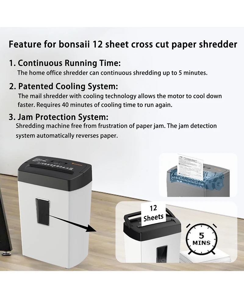 Bonsaii Crosscut Shredder, 12-sheet, P-4 Security, 5.5Gal Bin, Heavy-Duty, Shreds Paper, Credit Cards, Mail & Staples