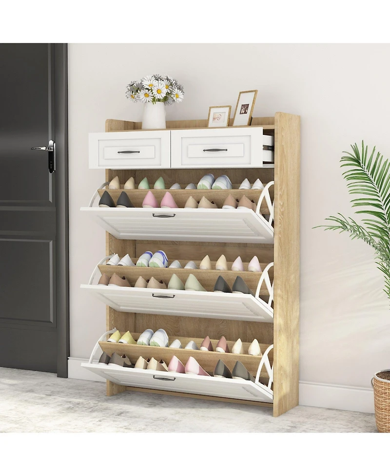Clihome shoe cabinet with 3 doors 2 drawers,large space for storage,White+Oak
