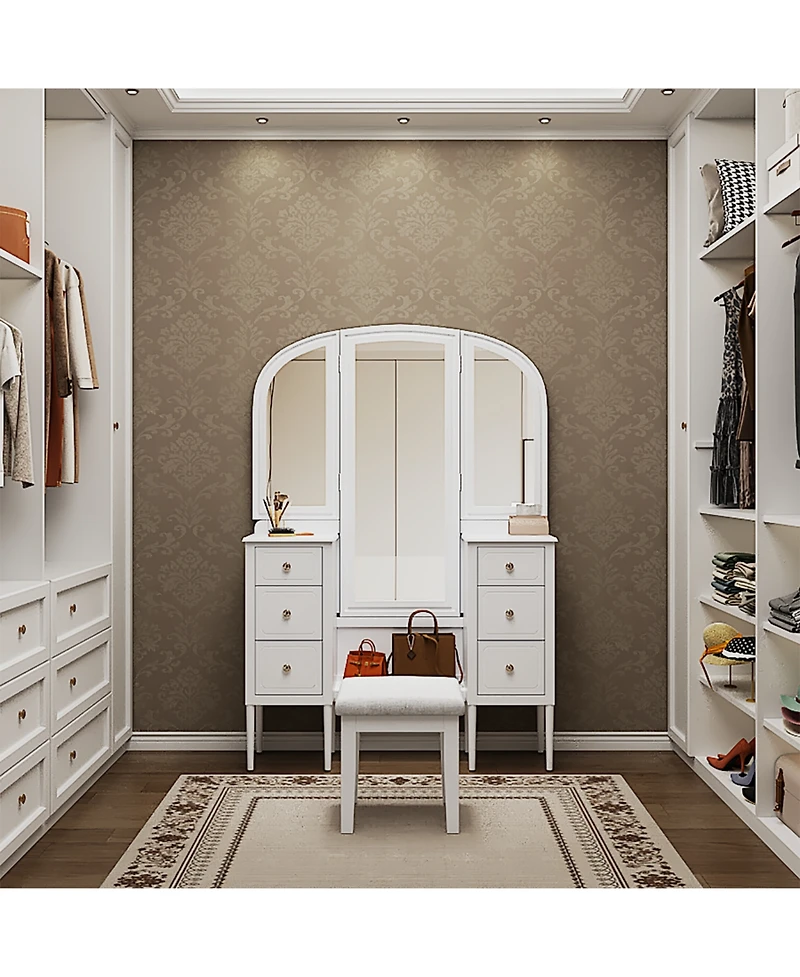 Streamdale Furniture Antique White Vanity Set with Triple Mirror & Stool