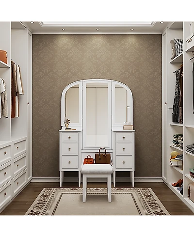 Streamdale Furniture Antique White Vanity Set with Triple Mirror & Stool