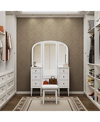 Streamdale Furniture Antique White Vanity Set with Triple Mirror & Stool