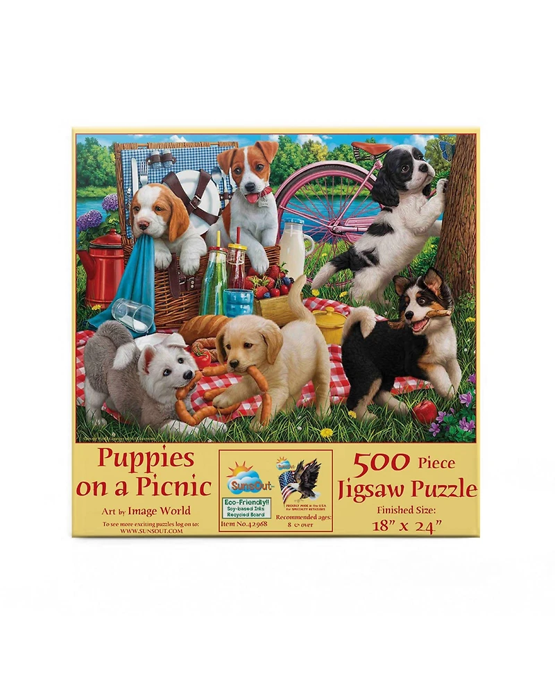 SunsOut Puppies on a Picnic 500 piece Jigsaw Puzzle for Adults