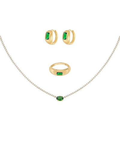 Bearfruit Jewelry 18k Gold Plated Sterling Silver Emerald Rectangle Necklace, Ring & Huggies Set Holiday Gift Idea