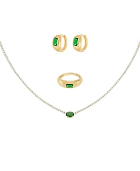 Bearfruit Jewelry 18k Gold Plated Sterling Silver Emerald Rectangle Necklace, Ring & Huggies Set Holiday Gift Idea