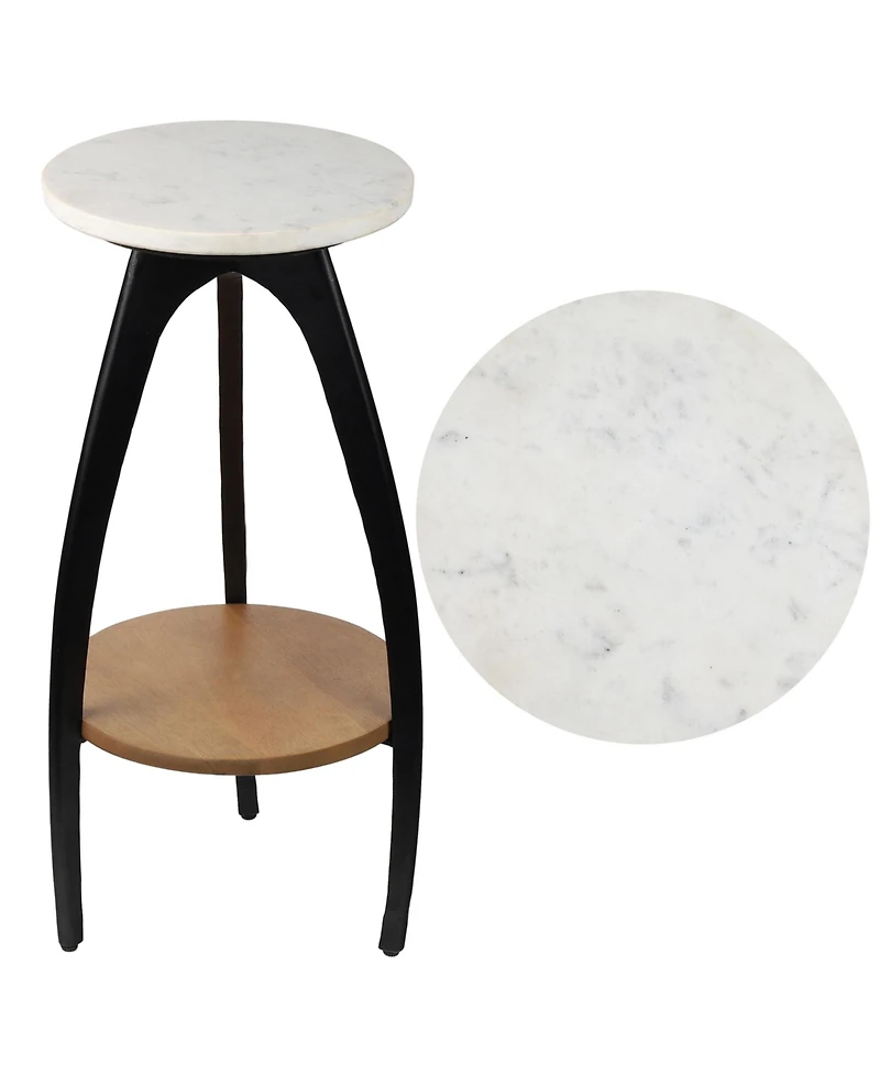 Jonathan Y Ollie 24.5" Designer Farmhouse Metal Tripod Drink Table and Decorative End Table with White Marble Round Top and Wood Undershelf