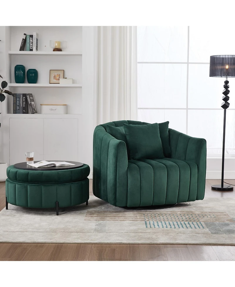 Streamdale Furniture Swivel Velvet Barrel Chair & Ottoman with Pillows - Green