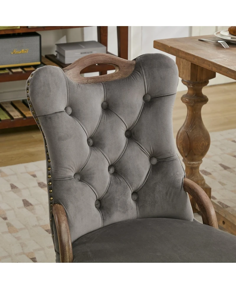 Streamdale Furniture Velvet Tufted Dining Chairs, Wood Handles & Legs, Copper Nails, Set of 2, Gray