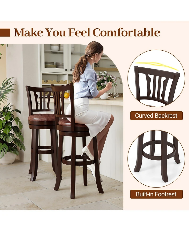 Gymax 30'' Bar Height Swivel Bar Stools Set of w/Back & Faux Leather Seat